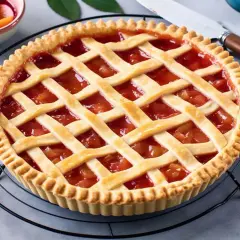 Crostata con ripieno di frutta e pasta frolla friabile per crostata, con decorazione a griglia.