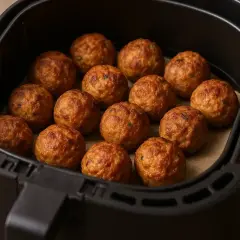 Polpette dorate e croccanti appena sfornate nella friggitrice ad aria, pronte per essere gustate.