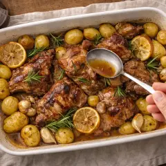 Succulento agnello al forno con patate, limone e rosmarino. Una mano con un cucchiaio irrora il piatto con il suo sugo.