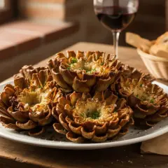 Un piatto di croccanti carciofi alla giudia, dorati e cosparsi di prezzemolo, accanto a pane e vino rosso.