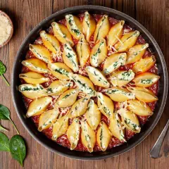 Conchiglioni ripieni al forno, un piatto invitante con pasta a forma di conchiglia farcita e gratinata, pronta per essere gustata.