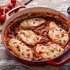 Succulento pollo alla pizzaiola in padella, con pomodoro, olive e capperi, guarnito con prezzemolo fresco.