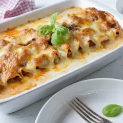 Cannelloni ripieni di carne macinata e mozzarella, cotti al forno e gratinati, guarniti con basilico fresco.