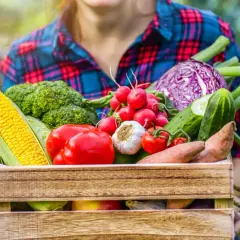 Cesto di verdure di stagione aprile: mais, broccoli, pomodori, aglio, ravanelli, cavolo rosso, cetrioli e patate dolci.