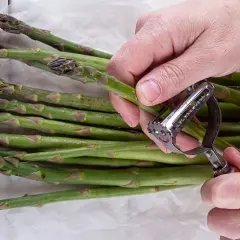 Mani che pelano asparagi verdi con un pelapatate. Impara come pulire gli asparagi per una preparazione perfetta.