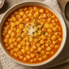 Un piatto fumante di pasta e patate, con ditalini e cubetti di patate in un ricco brodo rosso, guarnito con parmigiano e prezzemolo.
