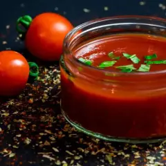 Un vasetto di sugo al pomodoro, guarnito con basilico fresco, accanto a pomodorini e spezie su sfondo scuro.