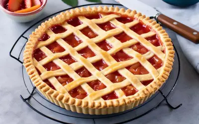 Crostata con ripieno di frutta e pasta frolla friabile per crostata, con decorazione a griglia.