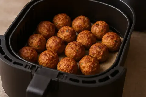 Polpette dorate e croccanti appena sfornate nella friggitrice ad aria, pronte per essere gustate.