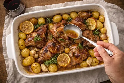 Succulento agnello al forno con patate, limone e rosmarino. Una mano con un cucchiaio irrora il piatto con il suo sugo.