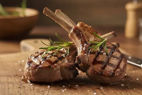 Deliziose costolette di agnello grigliate, guarnite con rosmarino fresco e sale grosso, pronte per essere gustate.