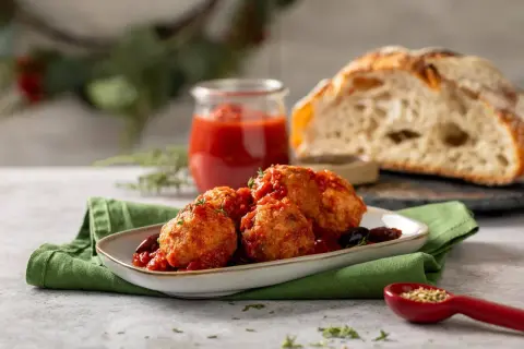 Polpette di cavolfiore dorate e saporite, immerse in un sugo rosso, servite con pane rustico e un rametto di erbe aromatiche.