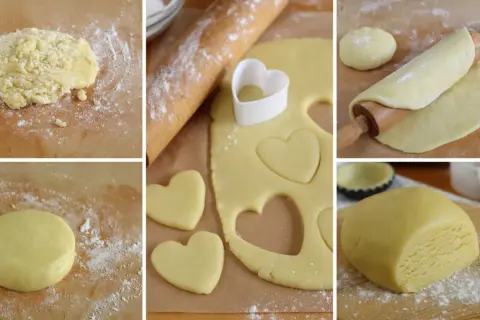 Preparazione di biscotti pasta frolla a forma di cuore. L'impasto viene steso e tagliato con un coppapasta.