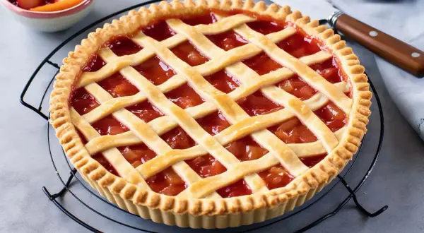 Crostata con ripieno di frutta e pasta frolla friabile per crostata, con decorazione a griglia.
