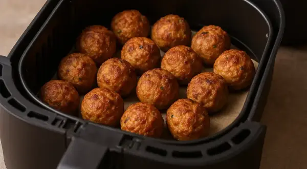 Polpette dorate e croccanti appena sfornate nella friggitrice ad aria, pronte per essere gustate.