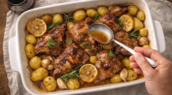 Succulento agnello al forno con patate, limone e rosmarino. Una mano con un cucchiaio irrora il piatto con il suo sugo.