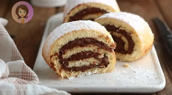 Fette di rotolo alla Nutella, soffice e goloso, cosparse di zucchero a velo.