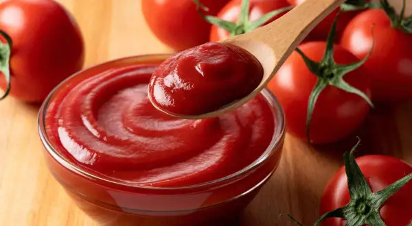 Un cucchiaio di cremoso ketchup fatto in casa, pronto per essere gustato, circondato da pomodori freschi su un tagliere di legno.