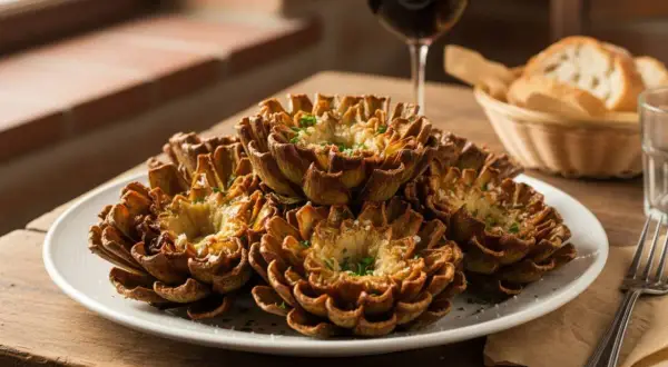 Un piatto di croccanti carciofi alla giudia, dorati e cosparsi di prezzemolo, accanto a pane e vino rosso.