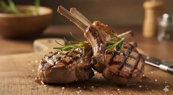 Deliziose costolette di agnello grigliate, guarnite con rosmarino fresco e sale grosso, pronte per essere gustate.