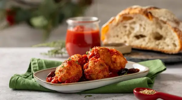 Polpette di cavolfiore dorate e saporite, immerse in un sugo rosso, servite con pane rustico e un rametto di erbe aromatiche.