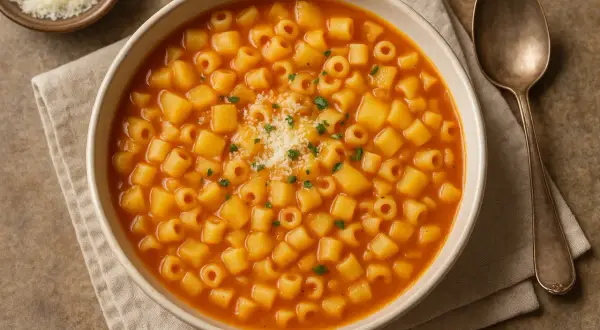 Un piatto fumante di pasta e patate, con ditalini e cubetti di patate in un ricco brodo rosso, guarnito con parmigiano e prezzemolo.
