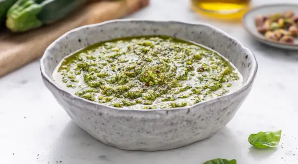 Pesto di zucchine cremoso in una ciotola, con zucchine fresche e pistacchi sullo sfondo.