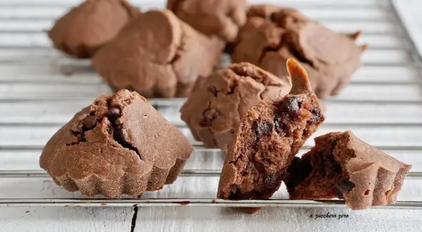 Deliziosi biscotti al cioccolato, alcuni interi e uno spezzato che rivela gocce di cioccolato fondente.