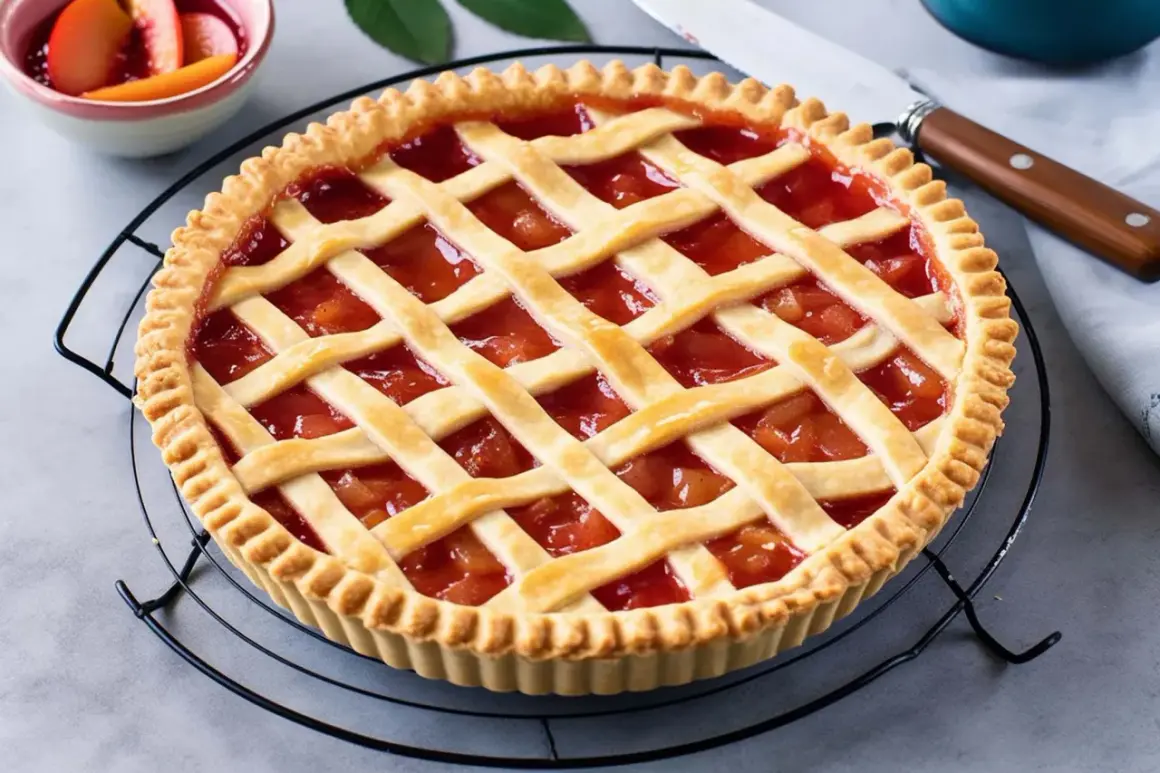 Crostata con ripieno di frutta e pasta frolla friabile per crostata, con decorazione a griglia.
