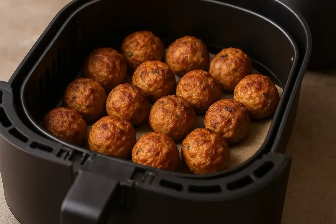 Polpette dorate e croccanti appena sfornate nella friggitrice ad aria, pronte per essere gustate.