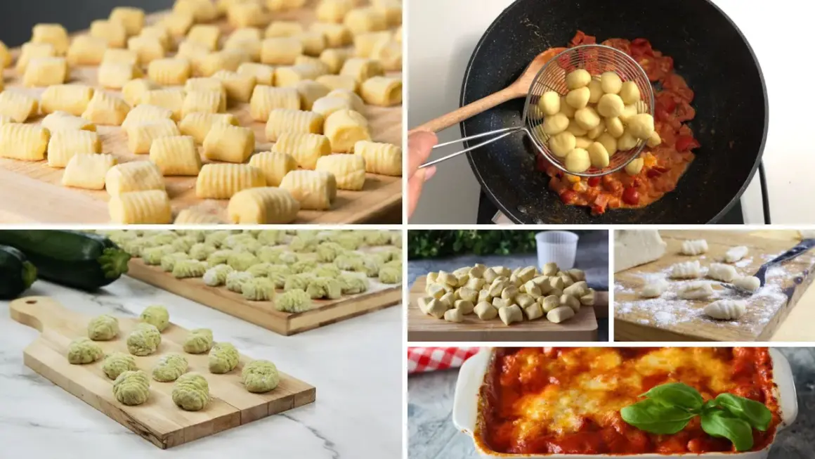 Gnocchi di patate freschi, verdi e classici, pronti per essere cucinati. Alcuni sono in padella con sugo, altri in una teglia al forno.
