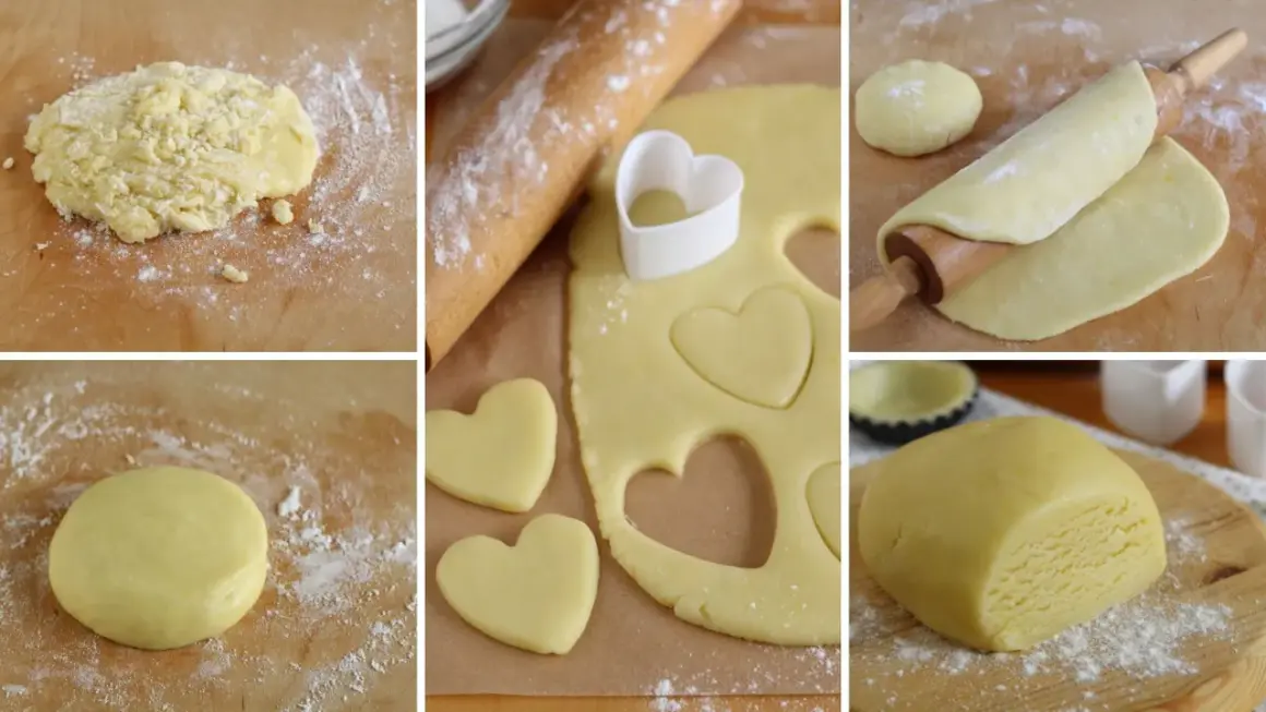 Preparazione di biscotti pasta frolla a forma di cuore. L'impasto viene steso e tagliato con un coppapasta.