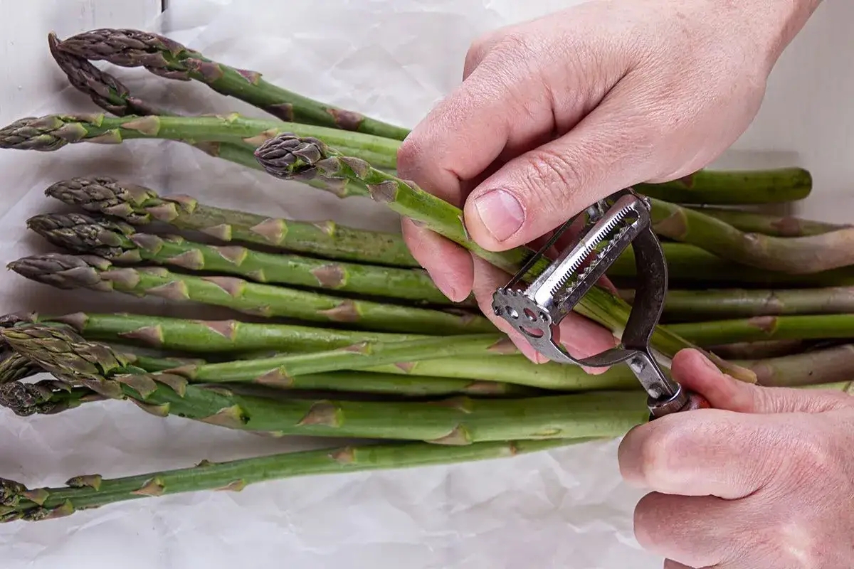 Mani che pelano asparagi verdi con un pelapatate. Scopri come pulire gli asparagi per una preparazione perfetta.