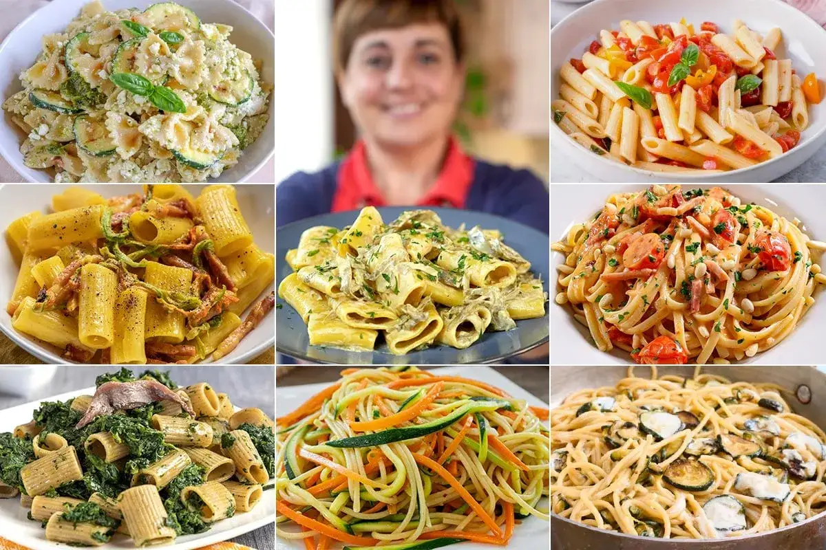 Collage di piatti di pasta con verdure: farfalle con zucchine, rigatoni con pancetta e verdure, linguine con pomodorini e pinoli, spaghetti con verdure julienne e spaghetti con zucchine.