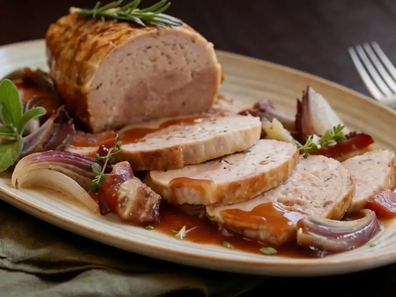 Un succulento arrosto di tacchino affettato, servito con cipolle rosse caramellate e salsa bruna su un piatto rustico.