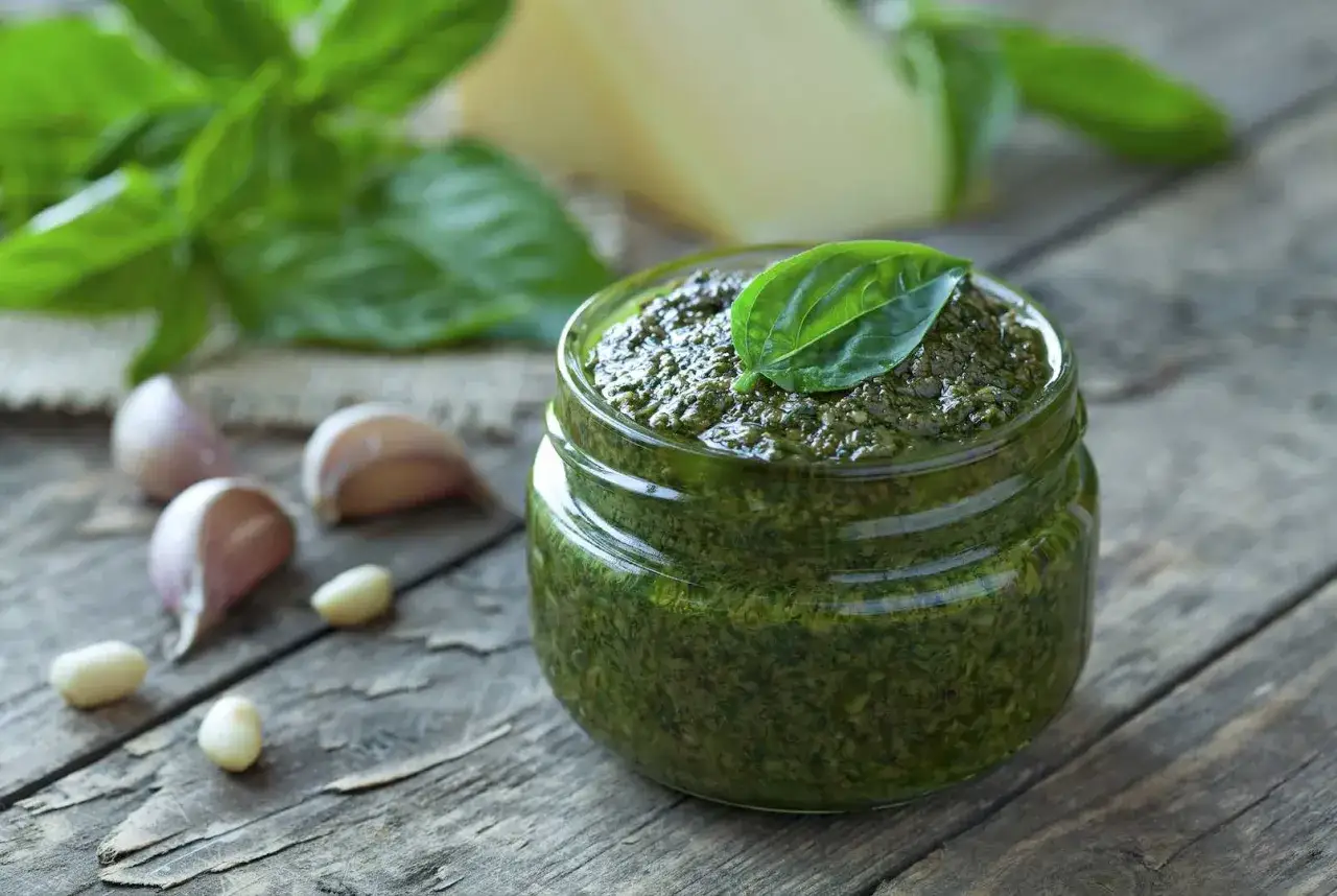 Un vasetto di pesto di zucchine fatto in casa, guarnito con una foglia di basilico, su un tavolo di legno con aglio e parmigiano sullo sfondo.