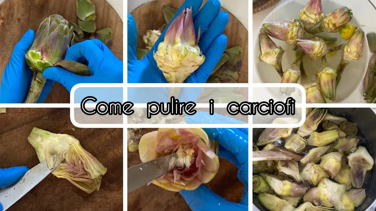 Guida visiva su come pulire i carciofi, mostrando la rimozione delle foglie esterne, il taglio del gambo e la rimozione del fieno interno.