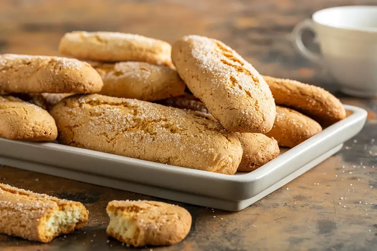 Biscotti al latte dorati e friabili, cosparsi di zucchero, invitano a una pausa golosa. Alcuni sono interi, altri spezzati, rivelando la loro consistenza.
