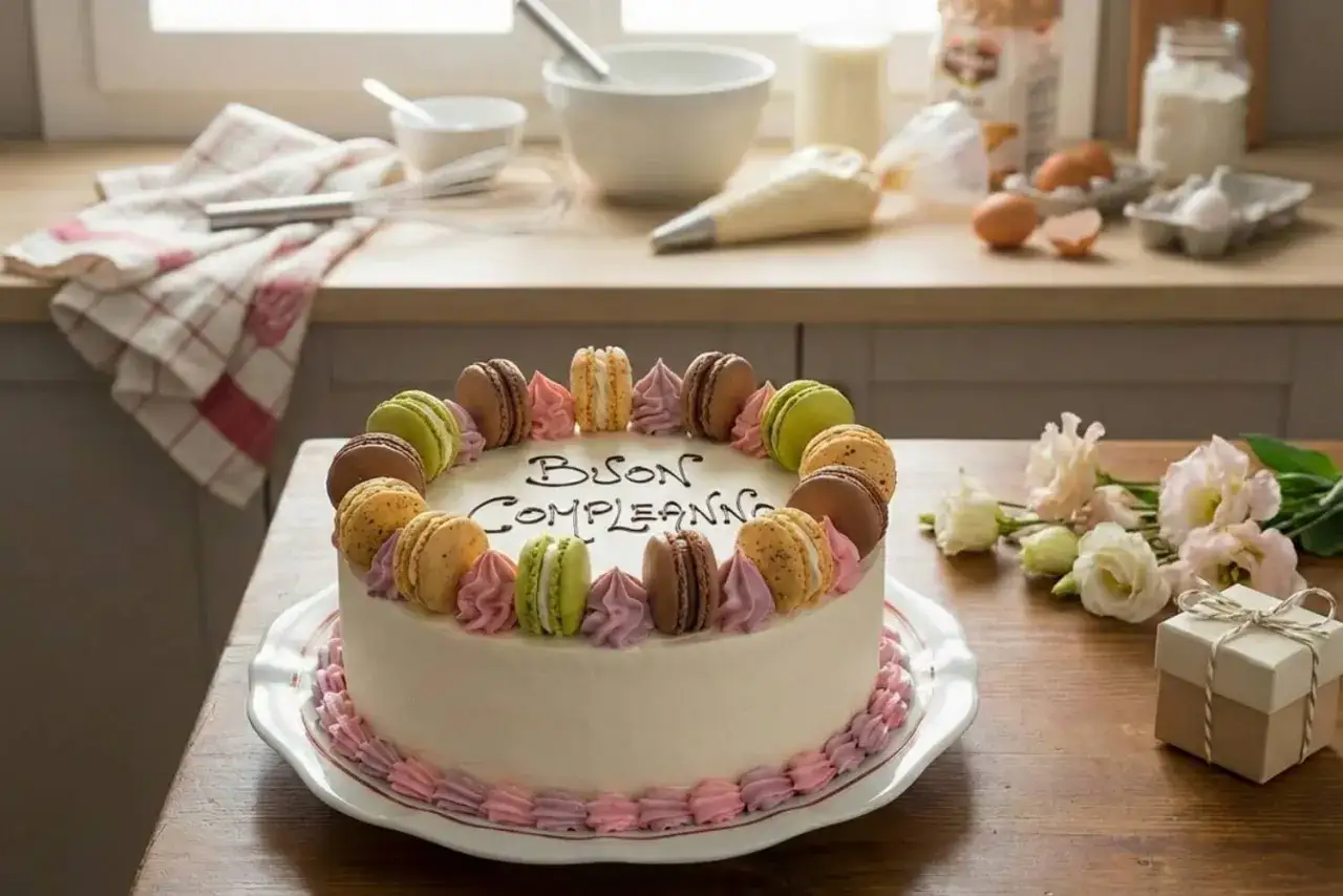 Torte di compleanno particolari: una torta bianca decorata con macarons colorati e la scritta 