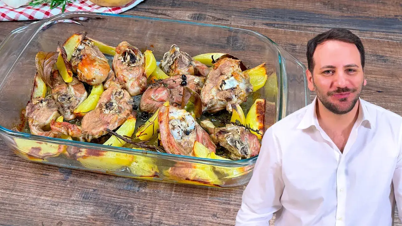 Un succulento agnello al forno con patate dorate, profumato al timo e pepe nero, pronto per essere gustato.