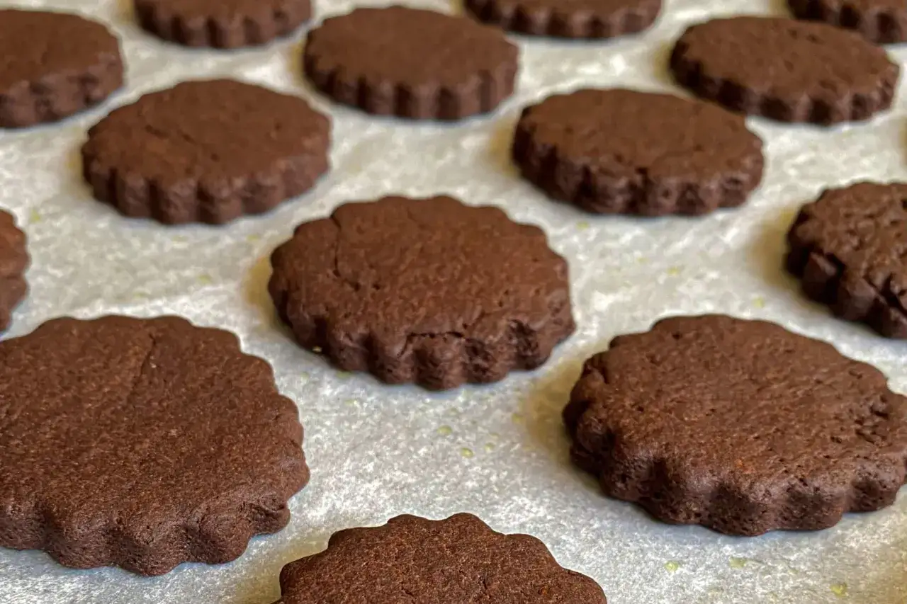 Una fila di biscotti al cioccolato, rotondi e con bordo ondulato, pronti per essere gustati.