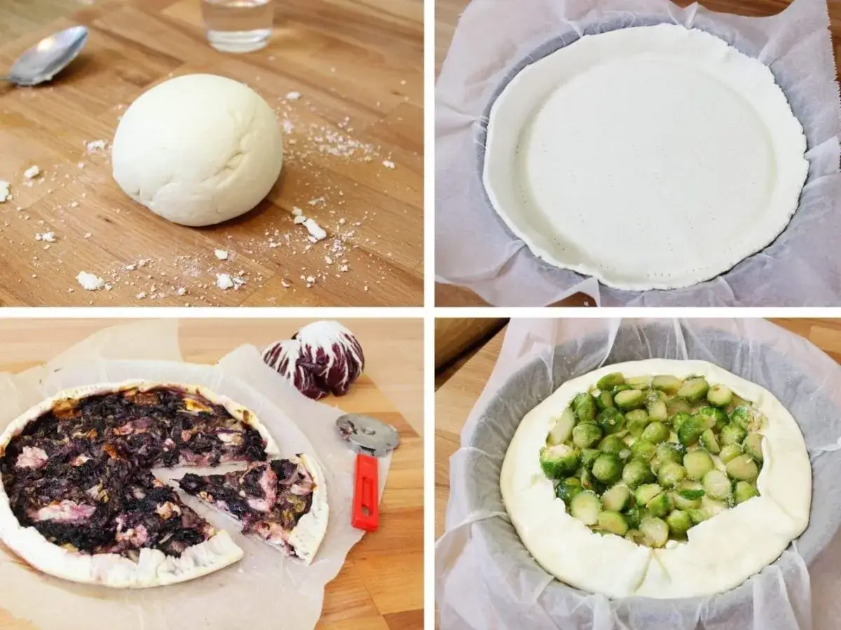 Preparazione di crostate con verdure: impasto senza glutine, base pronta, ripieno di cavolini e torta finita. Ricette senza glutine facili e gustose.
