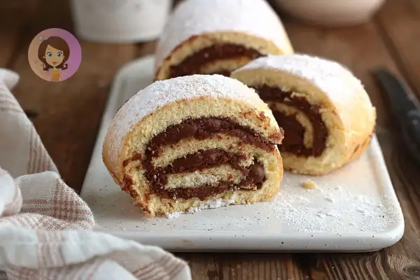 Fette di rotolo alla Nutella, soffice e goloso, cosparse di zucchero a velo.