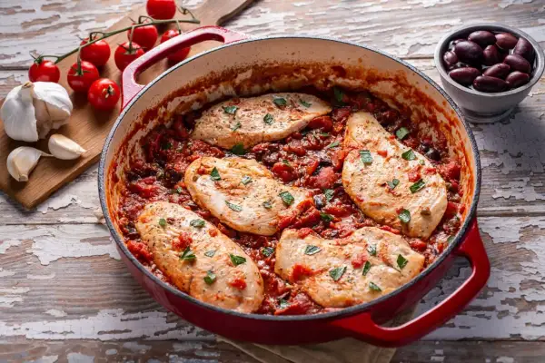Succulento pollo alla pizzaiola in padella, con pomodoro, olive e capperi, guarnito con prezzemolo fresco.