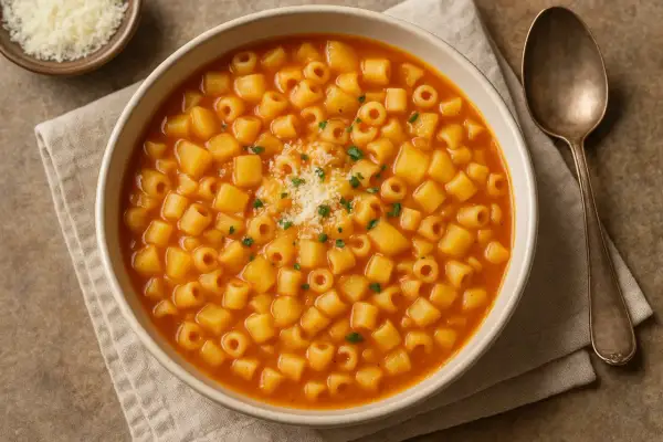 Un piatto fumante di pasta e patate, con ditalini e cubetti di patate in un ricco brodo rosso, guarnito con parmigiano e prezzemolo.